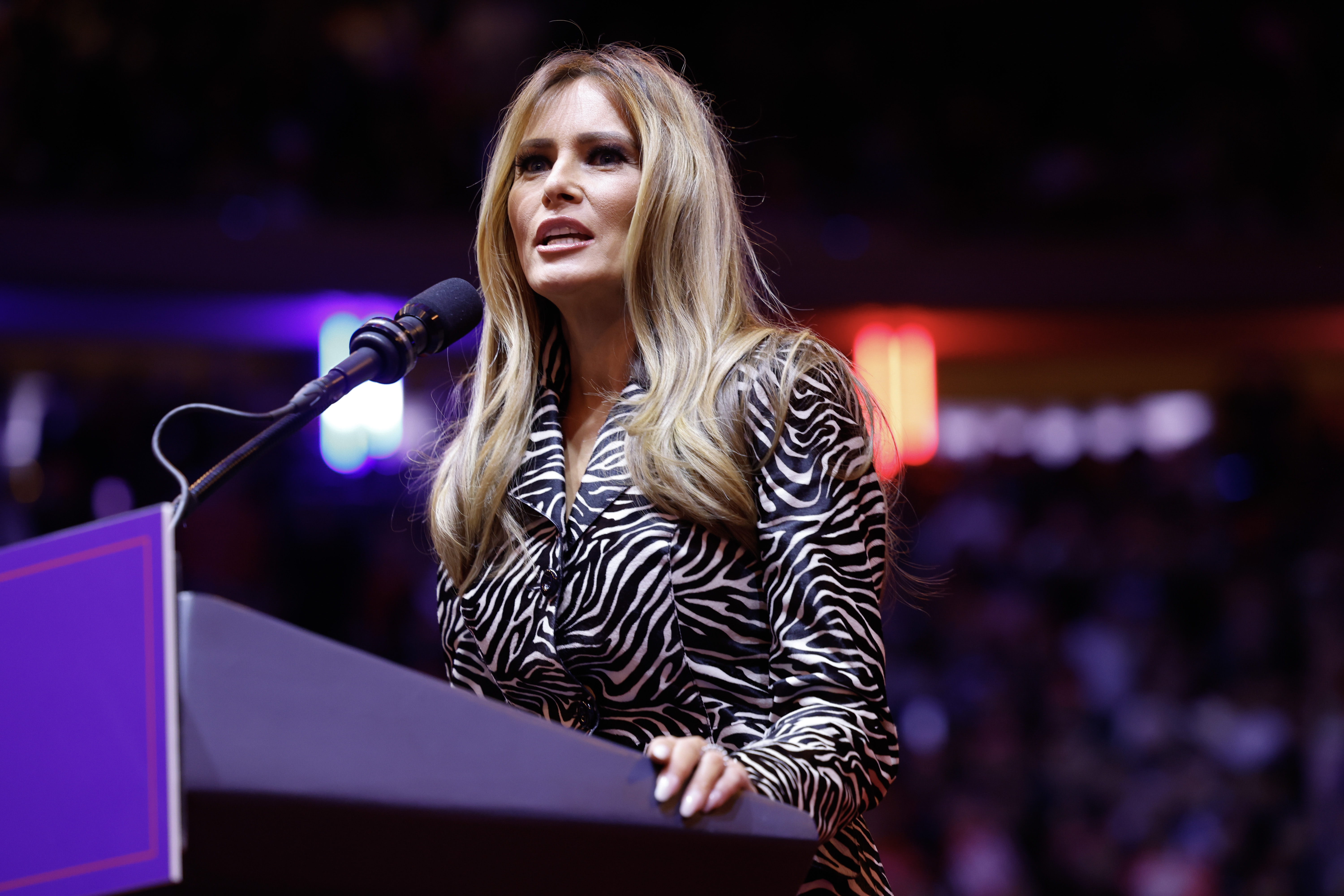 5ccb9f9de862d7798c3527185ef55d7e3833b3d939694407131ad85abbbe4d0e Melania Trump speaking during a campaign rally in New York City on October 27, 2024. | Source: Getty Images